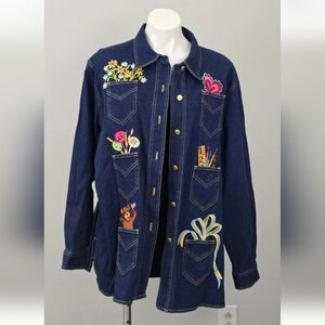 Bob Mackie Embroidered Denim Shacket,Teacher Theme, Pockets, 1X